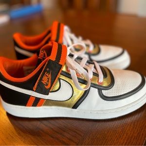 Nike Air Force 1, white/gold/black with orange velcro strap